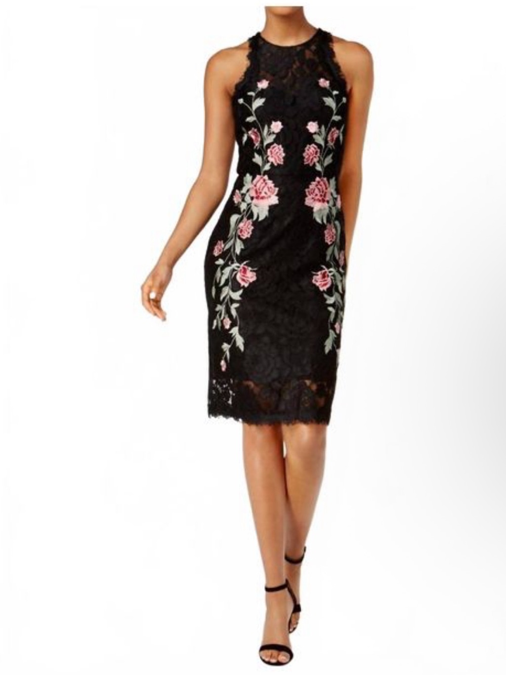 Betsy & Adam Black Embroidered Lace Sheath Cocktail Dress. Size: 4